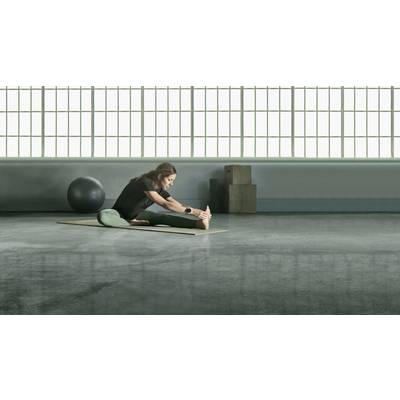 A woman is performing a forward bend on a yoga mat. In the background, a gym ball and several blocks can be seen.