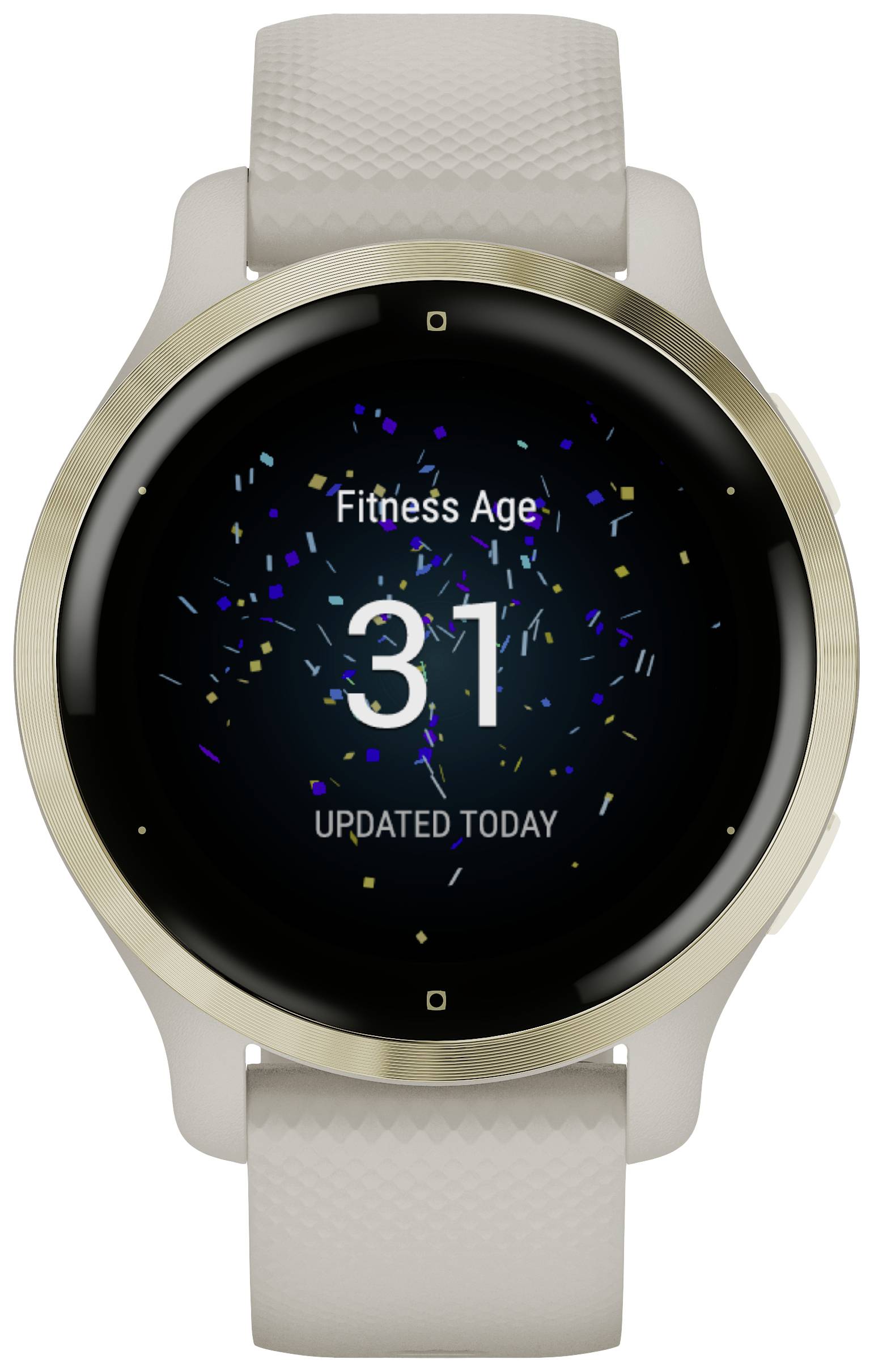 Smartwatch with beige strap and round dial displays 'Fitness Age 31'. Colourful confetti graphic in the background.