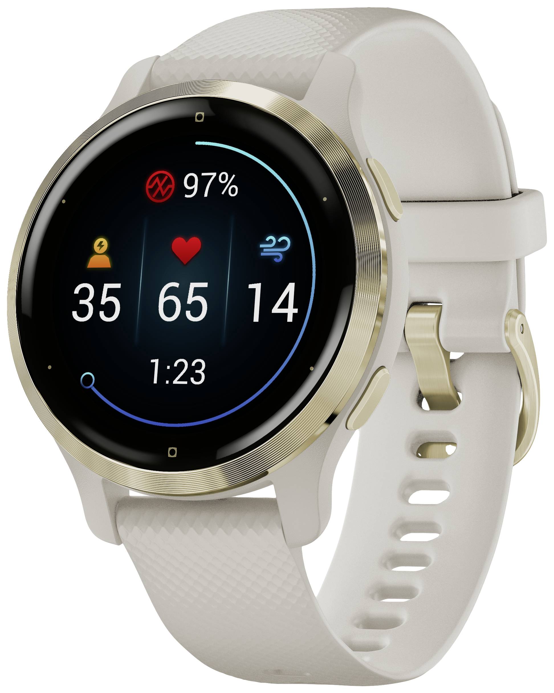 Smartwatch with round dial displays health data: steps, heart rate, calories burned and time. Wristband is light-coloured.
