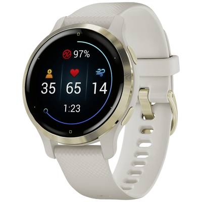 Smartwatch with round dial displays health data: steps, heart rate, calories burned and time. Wristband is light-coloured.
