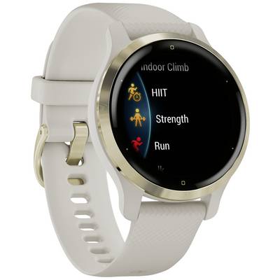 A round smartwatch with a light-coloured strap displays various training modes on its screen, such as 'HIIT', 'Strength' and 'Run'.