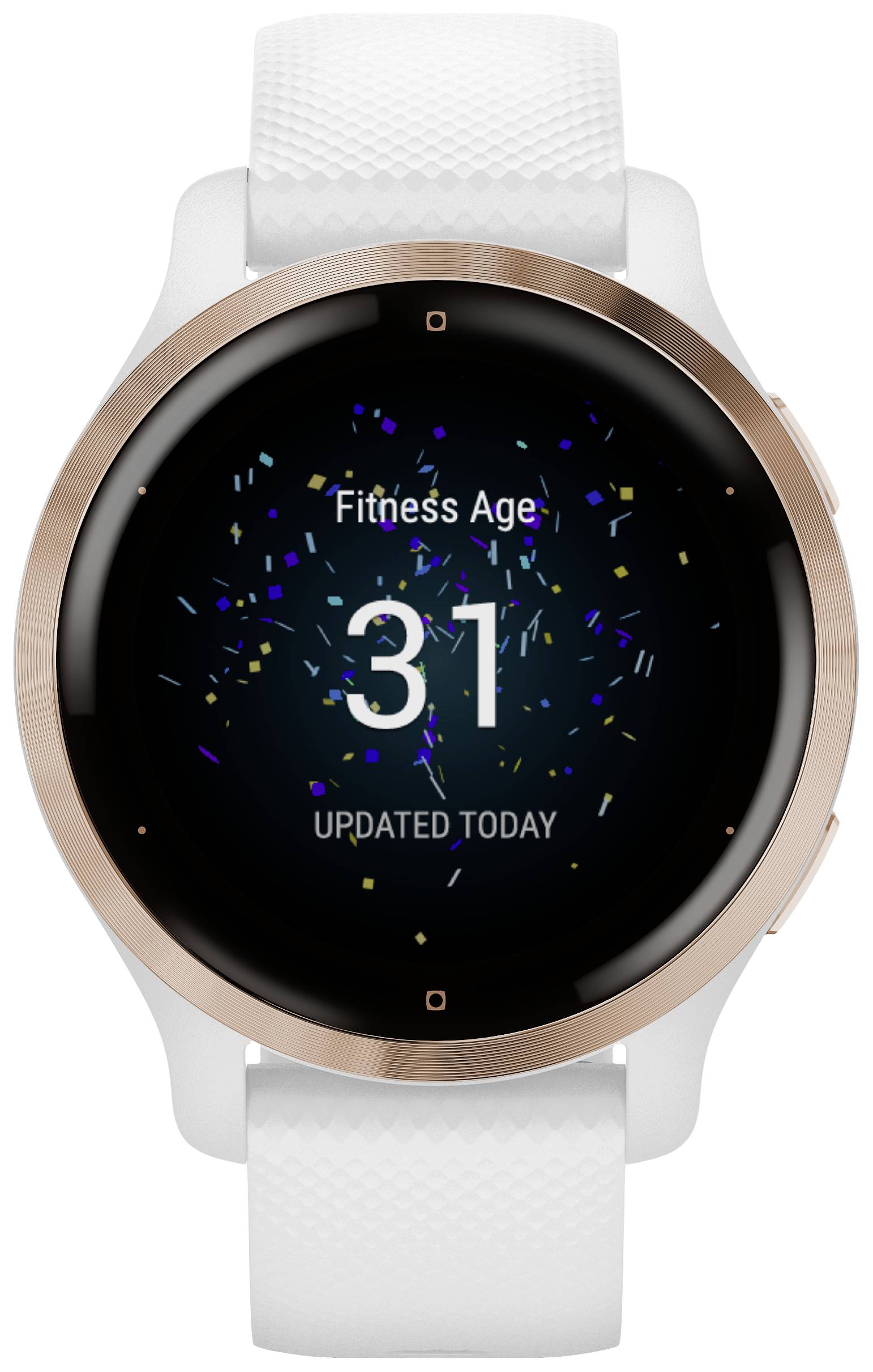 Smartwatch with white strap displays 'Fitness Age 31' as the main display, framed by virtual confetti, with 'Updated Today' underneath.