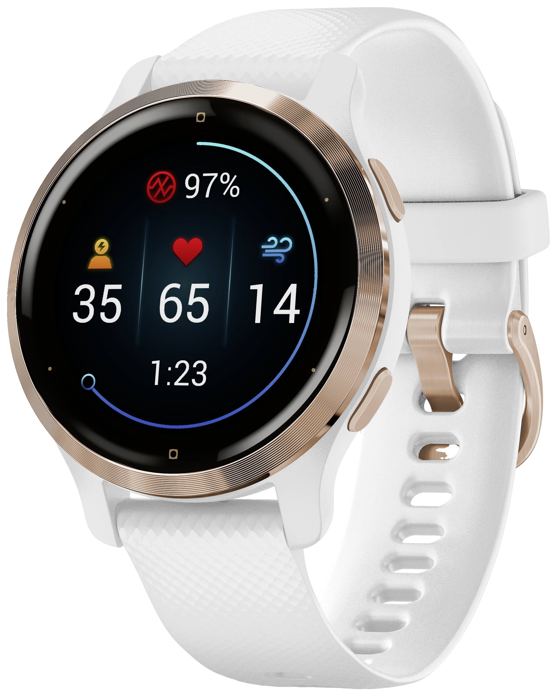 A smartwatch with a white strap displays the following information on its screen: 97% battery, 35 calories, 65 heart rate, 14 steps.