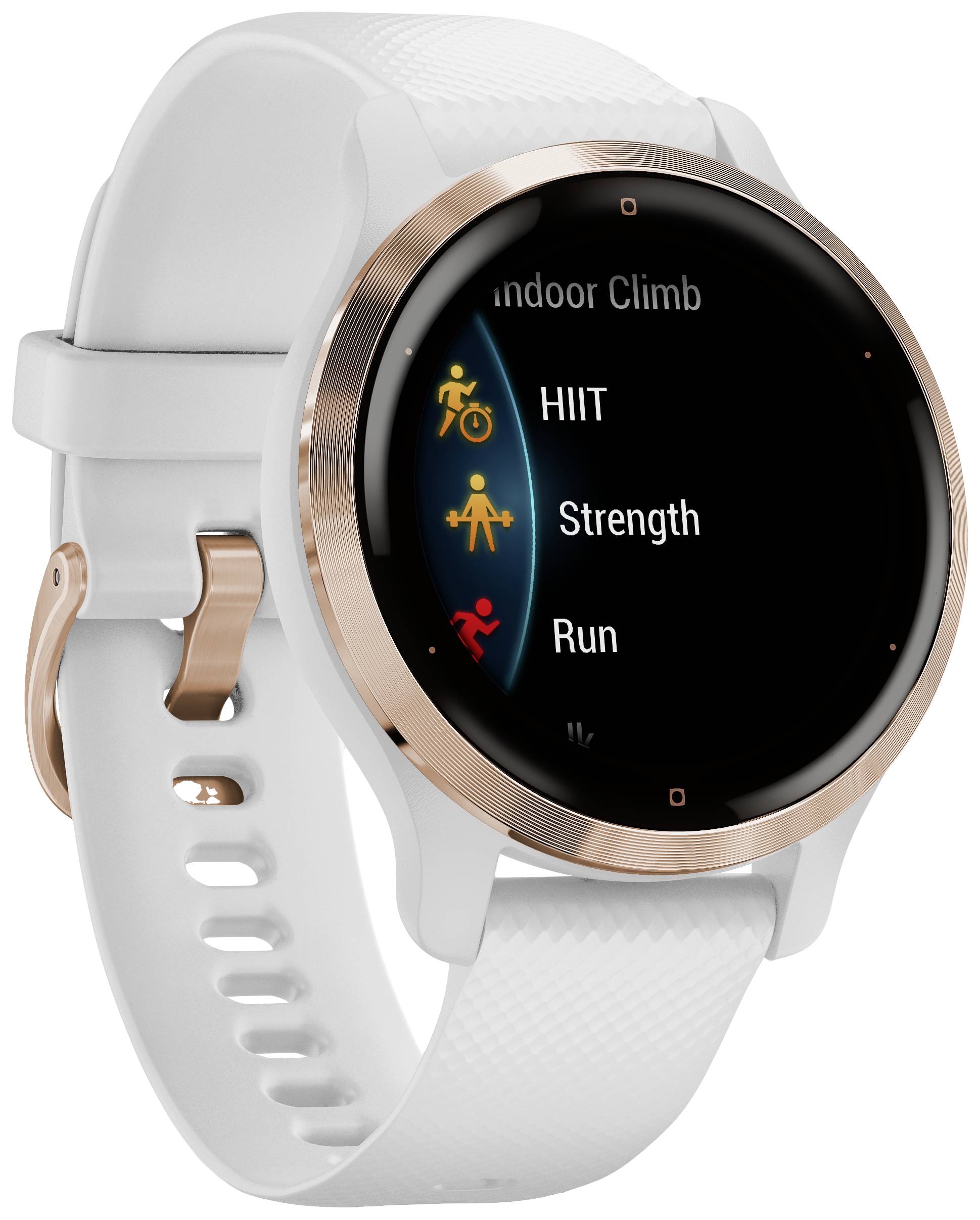 White smartwatch with a round dial, gold bezel and display showing training modes: 'HIIT', 'Strength', 'Run'.