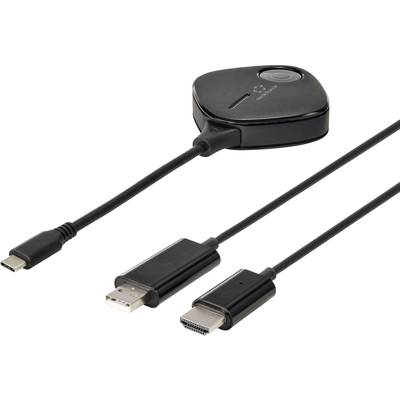 A wireless transmission sender with USB-C, USB-A and HDMI cables enables connection between devices and displays.