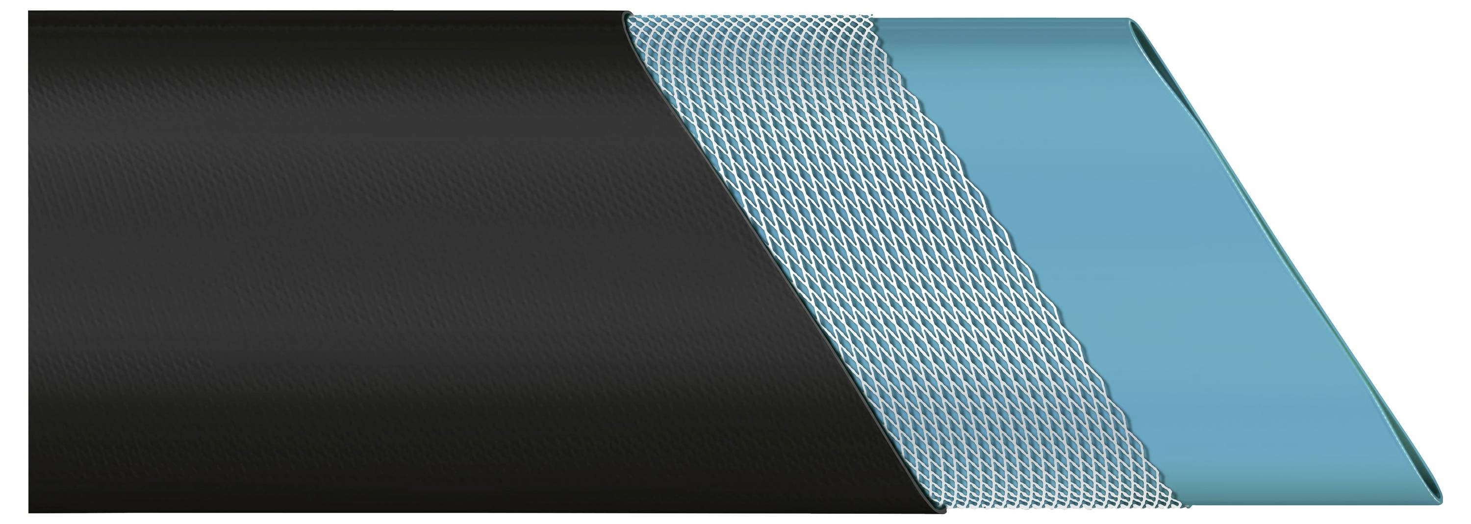 A cross-section of a composite pipe showing three layers: an outer black layer, a middle mesh layer, and an inner blue layer.