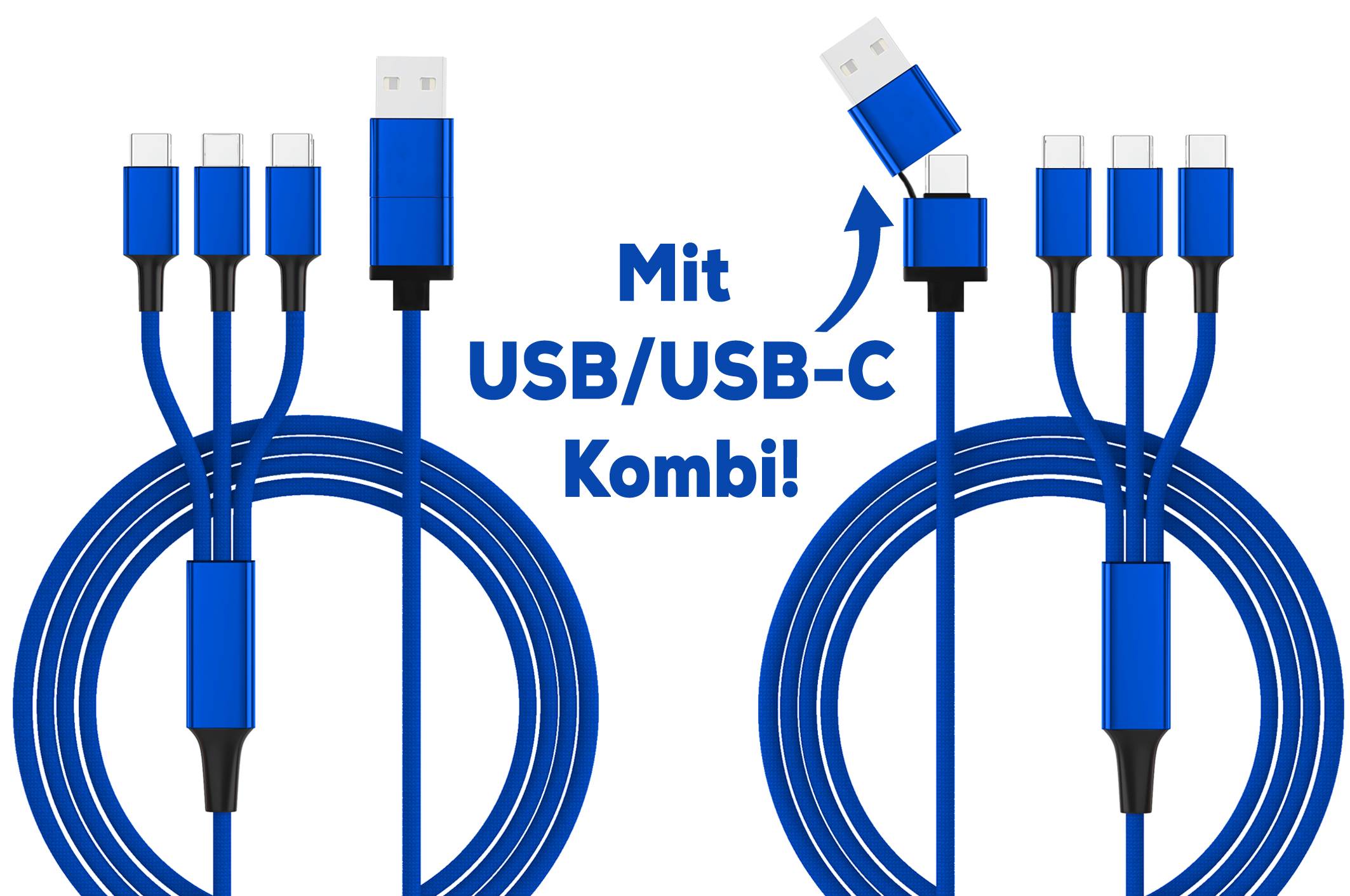 Blue cable with USB and USB-C plugs. Text: With USB/USB-C combo!