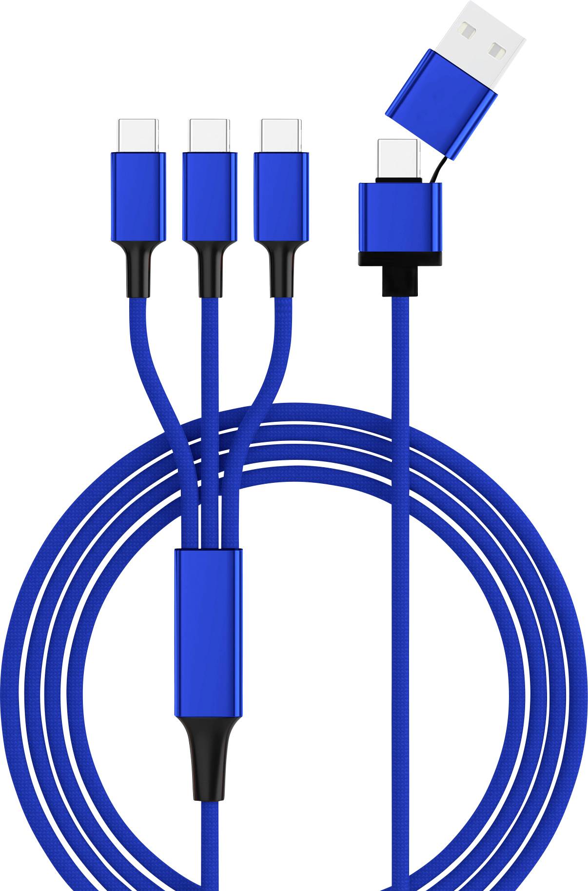 A blue USB cable with one plug and three ports.