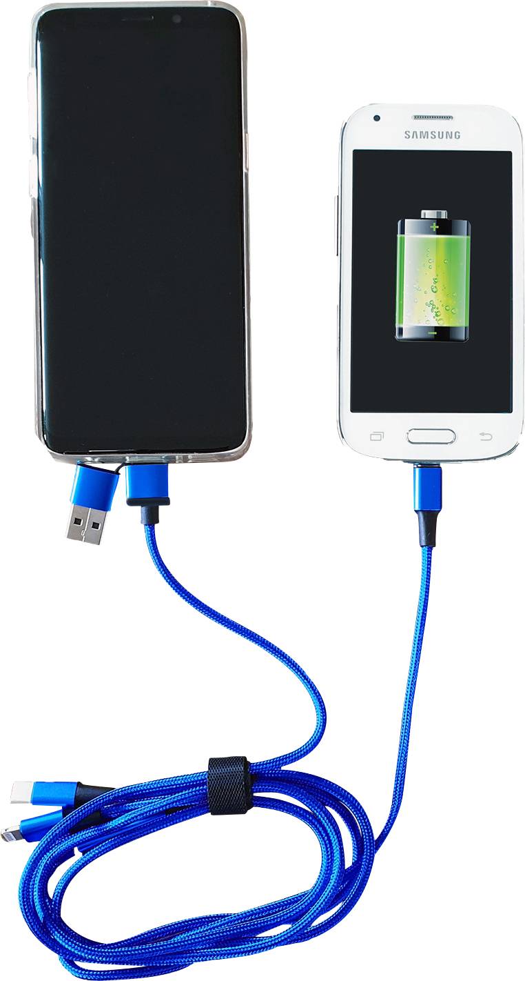 Two smartphones are connected with a blue USB cable. The smaller mobile phone shows a charging process, while the larger device displays no screen content.