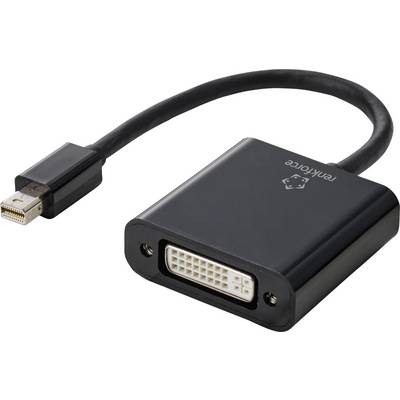 A black adapter with a Mini DisplayPort socket on the left side and a DVI socket on the right side for video connections.