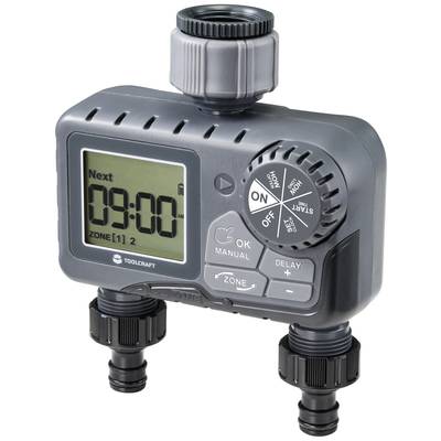 Electronic irrigation timer with display and rotary dial for settings. Displays time '09:00'. Two connection points at the bottom.