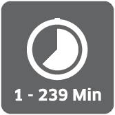 A round, half-filled clock displays a time span of 1-239 minutes.