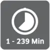 A round, half-filled clock displays a time span of 1-239 minutes.