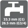 Symbol of a tap, underneath the inscription '33.3 mm (G1) 26.5 mm (G3/4)', indicating standard sizes for water connections.