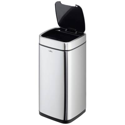 A silver rubbish bin with an open lid, standing freely against a white background.