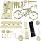 Kit for a Solar-Powered Wooden Bicycle with Motor, Gears and Solar Panel. Individual Wooden and Metal Parts for Assembly.
