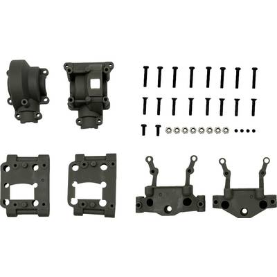 Image shows various black automotive components, including screws, nuts and housing parts, on a white background.