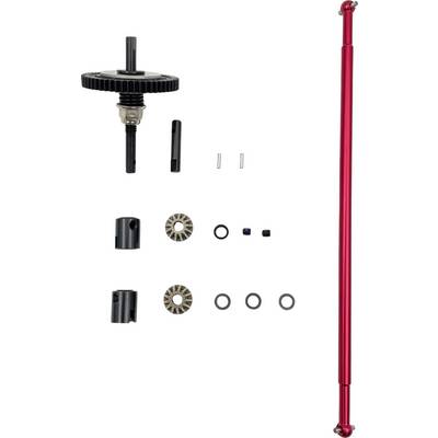 Metal and plastic construction kit components for a model vehicle, including gears, shafts, and connecting pieces against a white background.