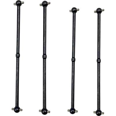 Four black metal rods with ball joints at their ends, vertically aligned, likely part of a mechanism or system.