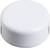 A round, white plastic lid with a smooth surface and small slots on the sides.