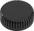 Black plastic lid with a ridged edge, flat and round. Often used for sealing containers or bottles.