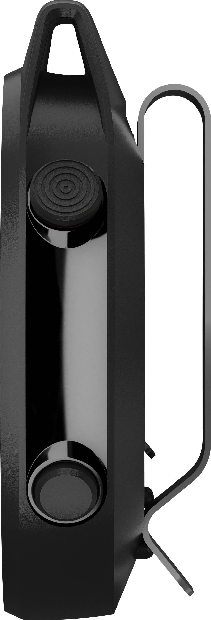 Side view of a black, portable device with two buttons and a clip.