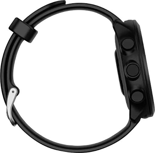 Black smartwatch viewed from the side with a round casing and two buttons, black strap, designed to be compact and modern.