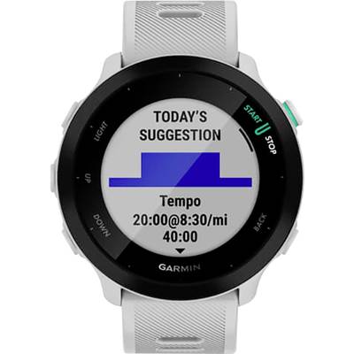 A smartwatch with a white strap displays 'Today's Suggestion' on the screen along with a blue graphic showing pace details: '20:00@8:30/mi 40:00'.