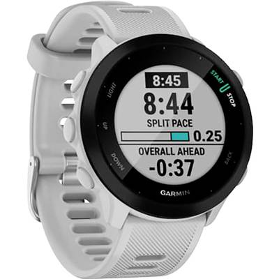 Grey-white sports watch with a digital display, showing 'Split Pace', 'Overall Ahead' and time 8:44. Brand: Garmin.