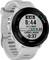 Grey-white sports watch with a digital display, showing 'Split Pace', 'Overall Ahead' and time 8:44. Brand: Garmin.