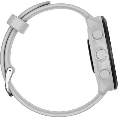 A side view of a grey smartwatch with a round dial and two visible buttons on the side.