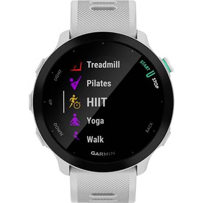 Smartwatch with workout modes displayed on the screen: Treadmill, Pilates, HIIT, Yoga, Walk. Illustration of controls and function buttons.