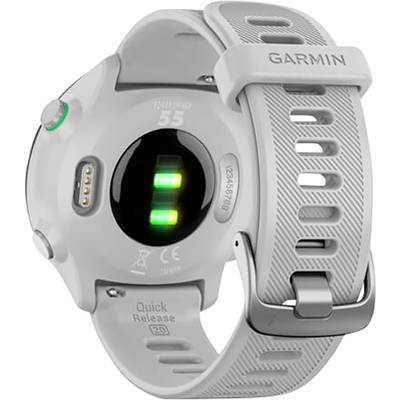 Grey sports watch with 'Garmin' logo and heart rate sensors on the back. Silicone strap with quick-release fastening.