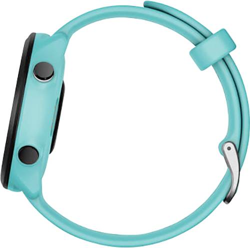 Blue smartwatch viewed from the side, with a round dial and two buttons on the right side against a light grey background.