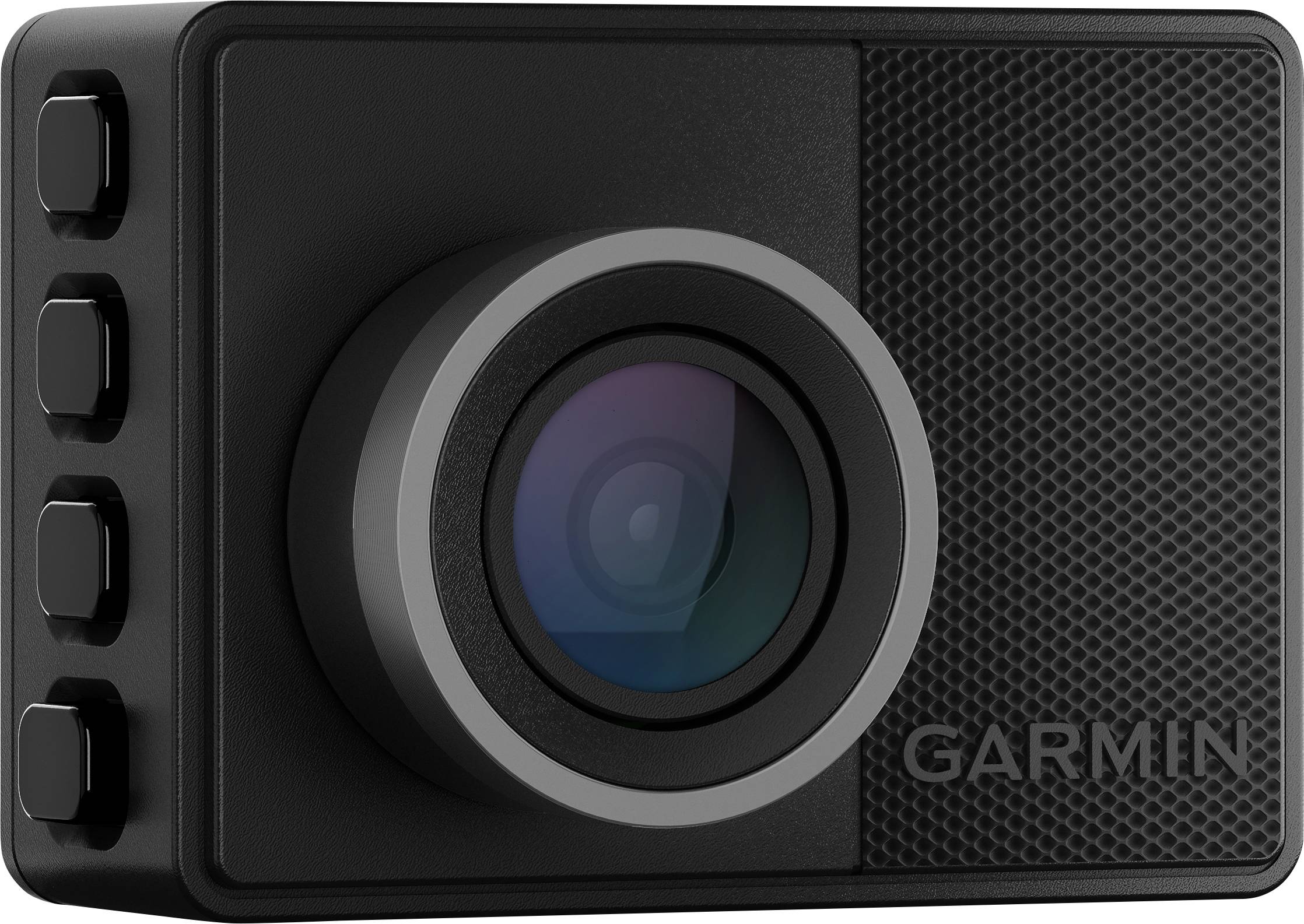 A black camera with a lens and four side buttons, brand 'Garmin', suitable for recording and surveillance.