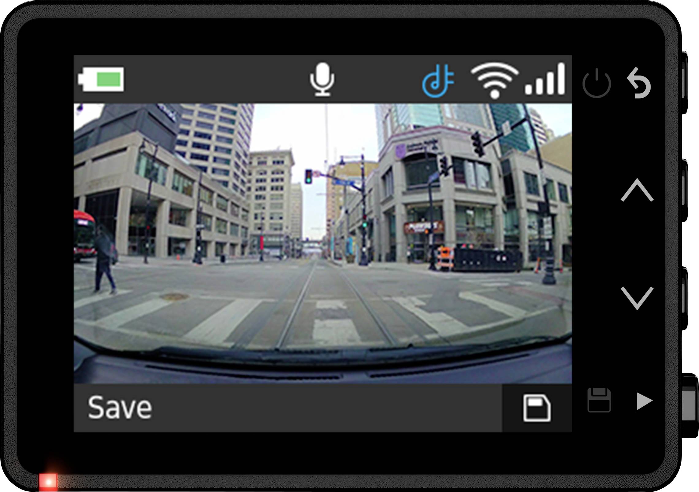 A dashcam display shows a city street with high-rise buildings, traffic signals and a pedestrian. Bottom left reads 'Save'.