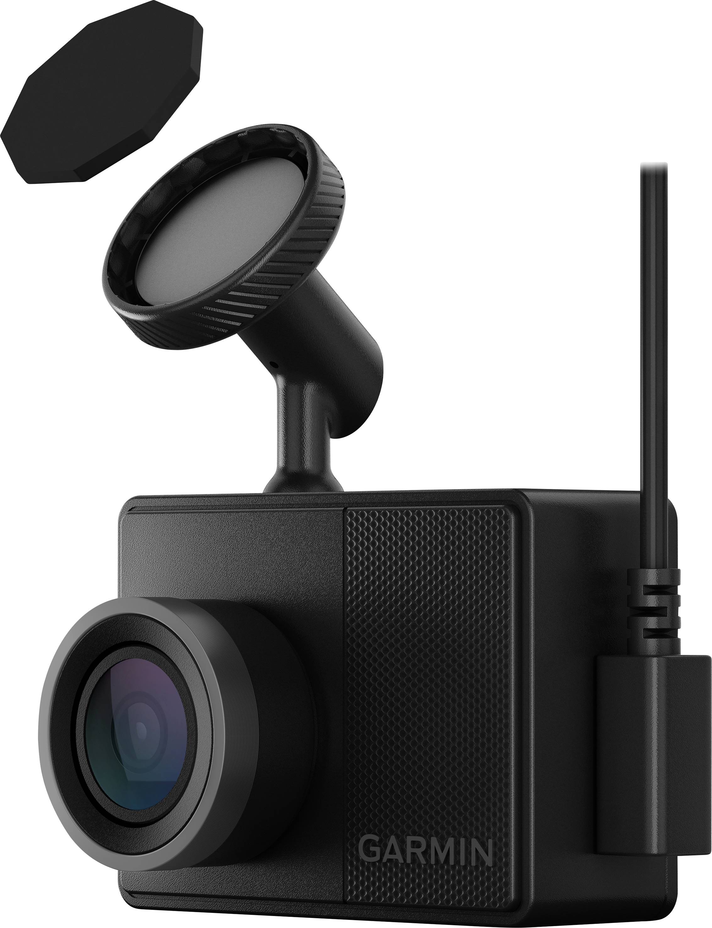 A black dashcam with a lens and removable cap, marked with 'Garmin'; used for recording journeys in a car.