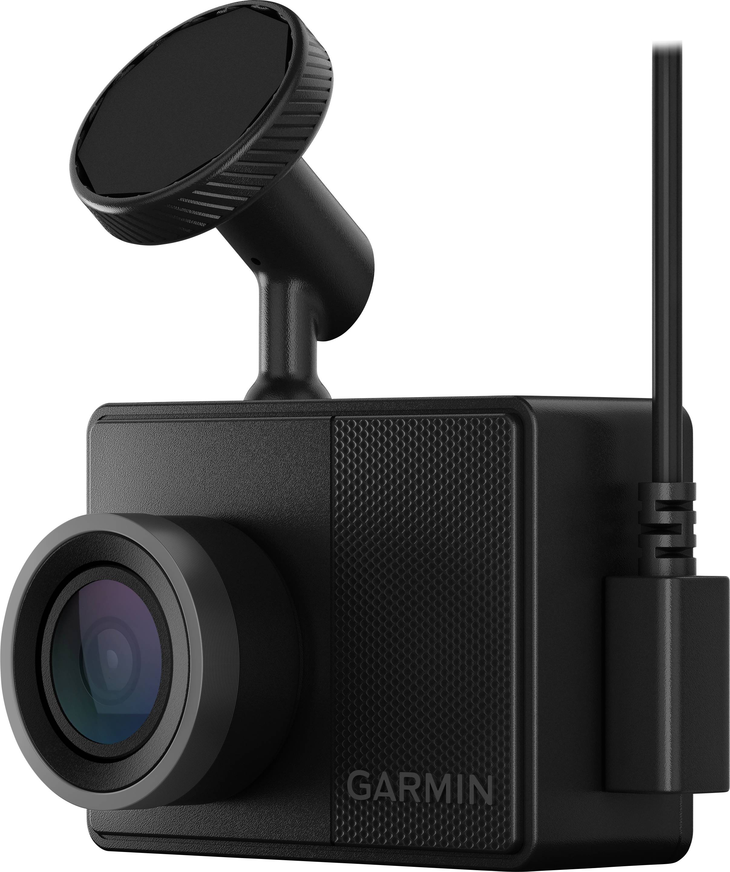 Black dashcam with large lens and magnetic mount. Brand name displayed. Cable connected.