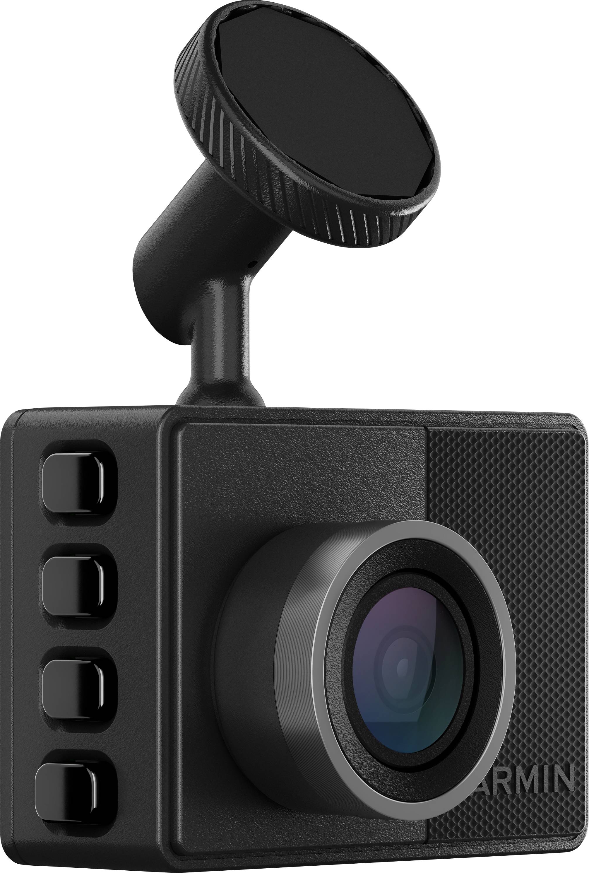 Black-grey dashboard camera on an adjustable mount, with a prominent lens and four side buttons, suitable for vehicle installation.