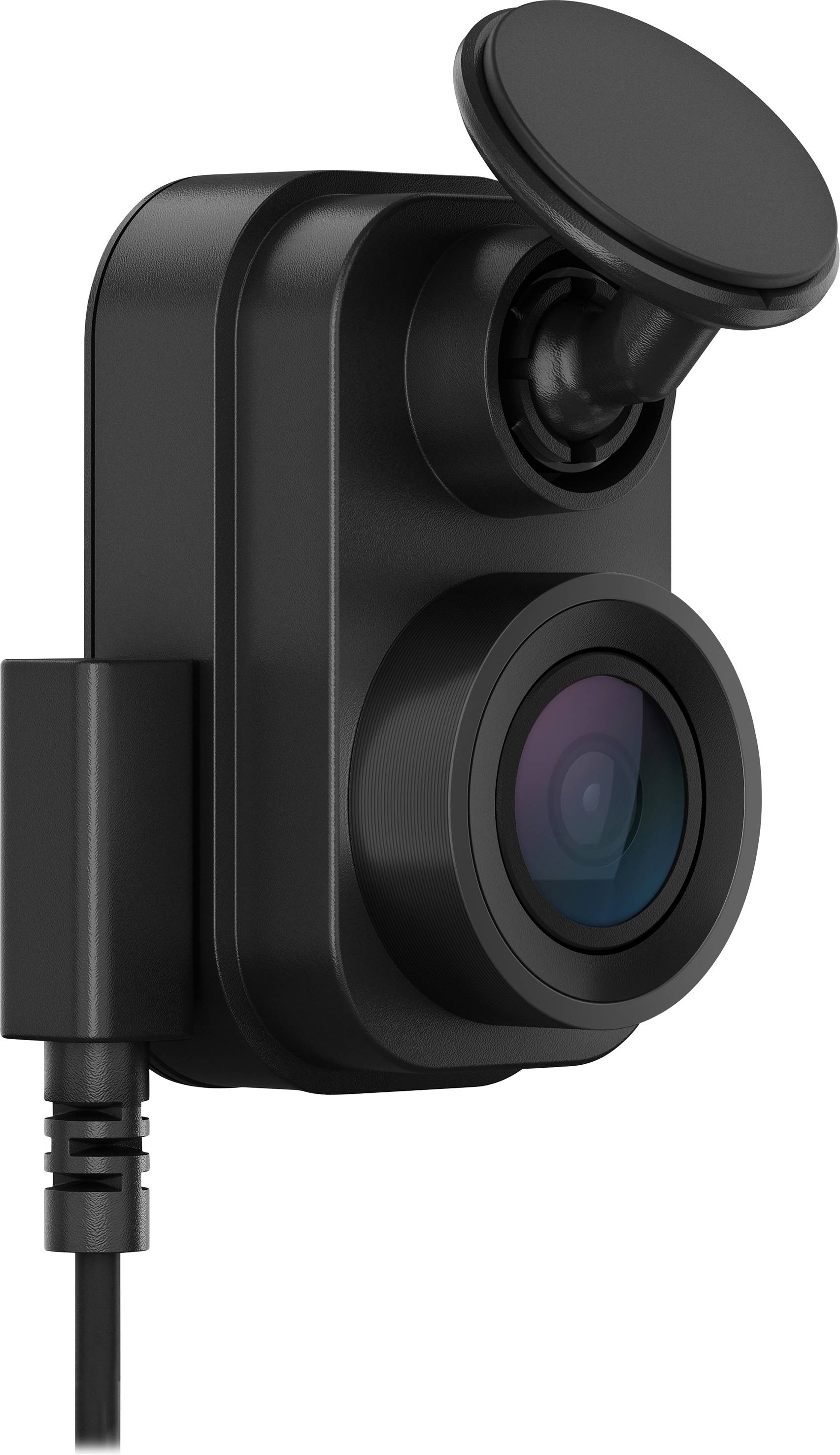 Black dashcam with lens and cable, mountable on windscreen. Suitable for video monitoring in the car.