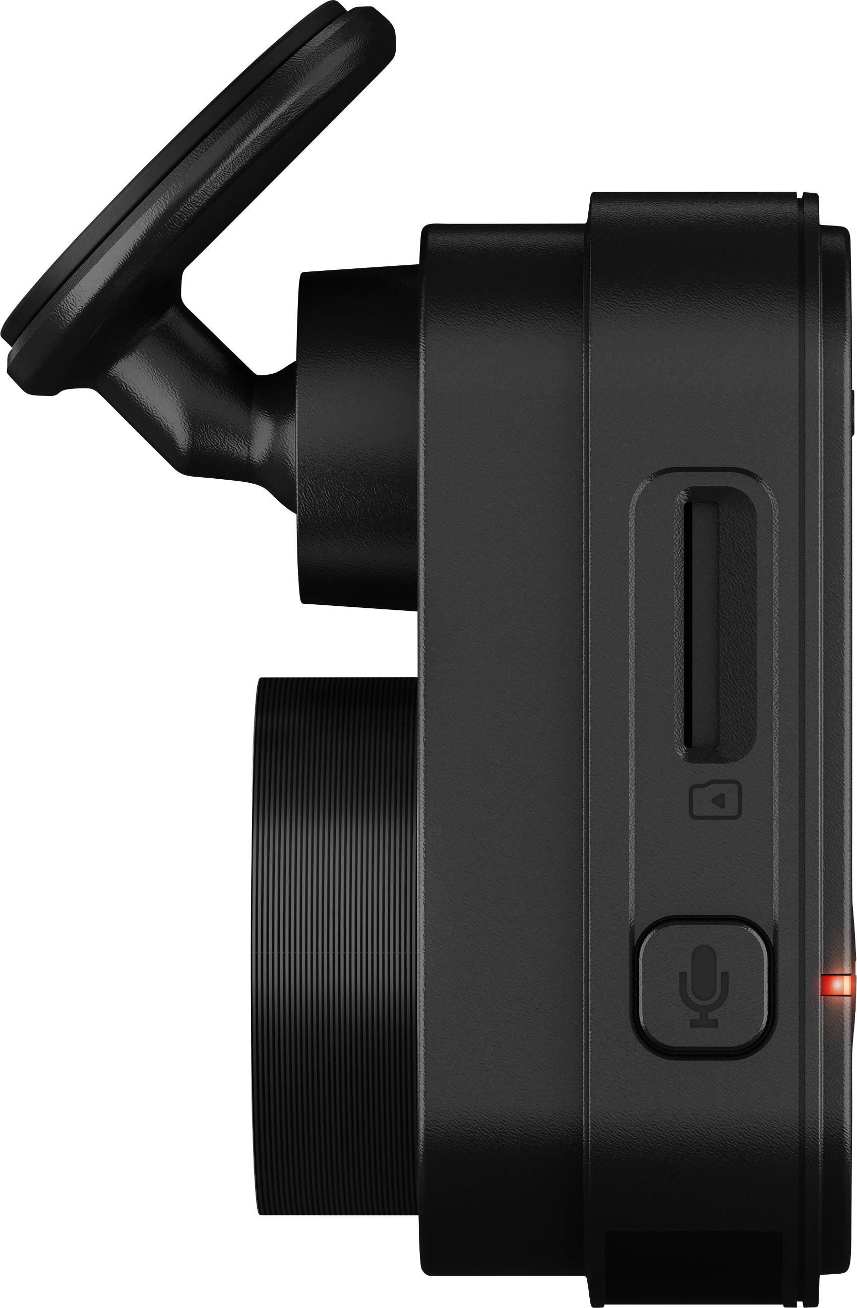 Black action camera in side view with round lens, large round button on top and microphone and memory card ports.