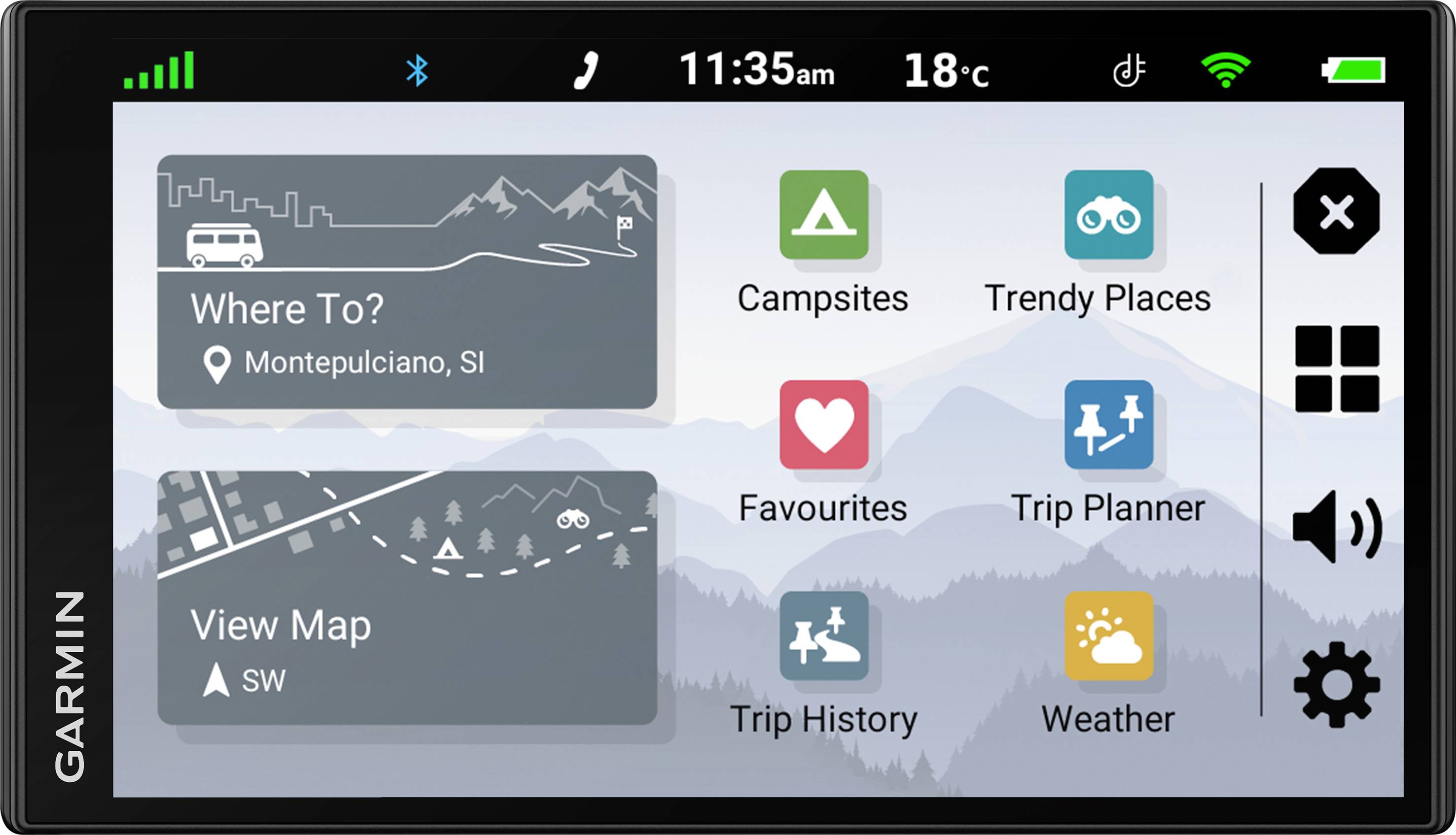 Navigation screen of a Garmin device with options: 'Where To?' for destination input, 'View Map' for map view, weather display, favourites and travel-related functions.