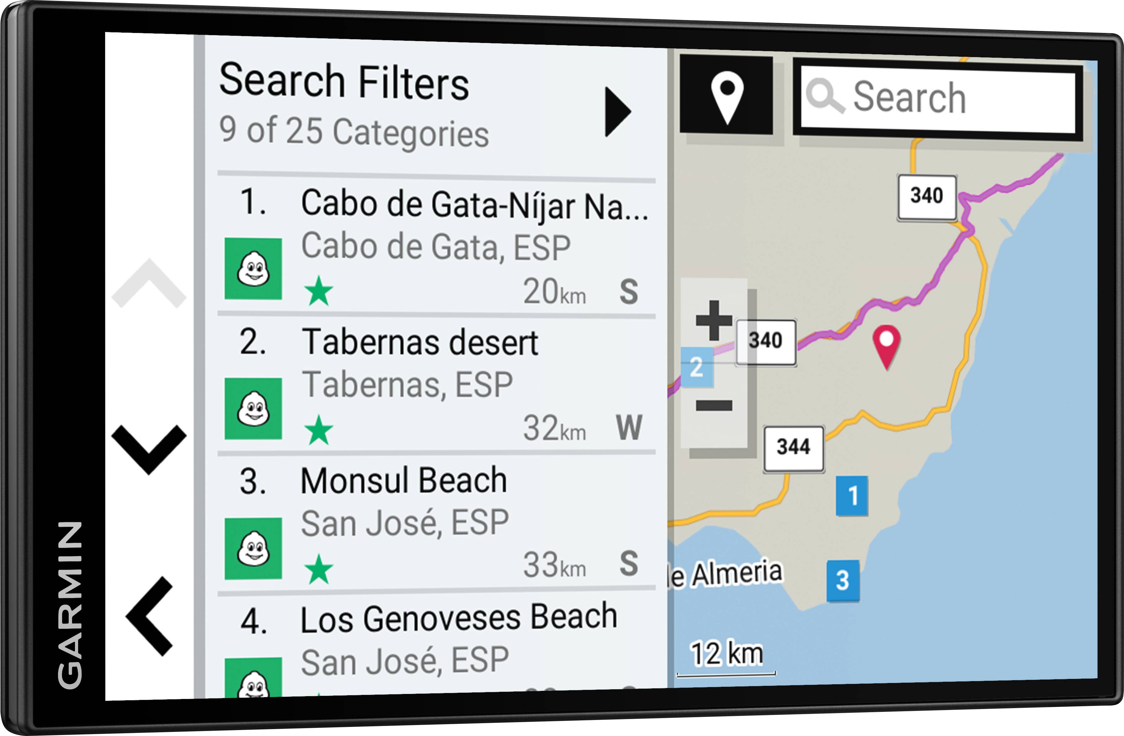 'Search filter' shows locations in Spain with distance and direction: Cabo de Gata, Tabernas Desert, Monsul Beach, Los Genoveses Beach. A map is shown on the right.