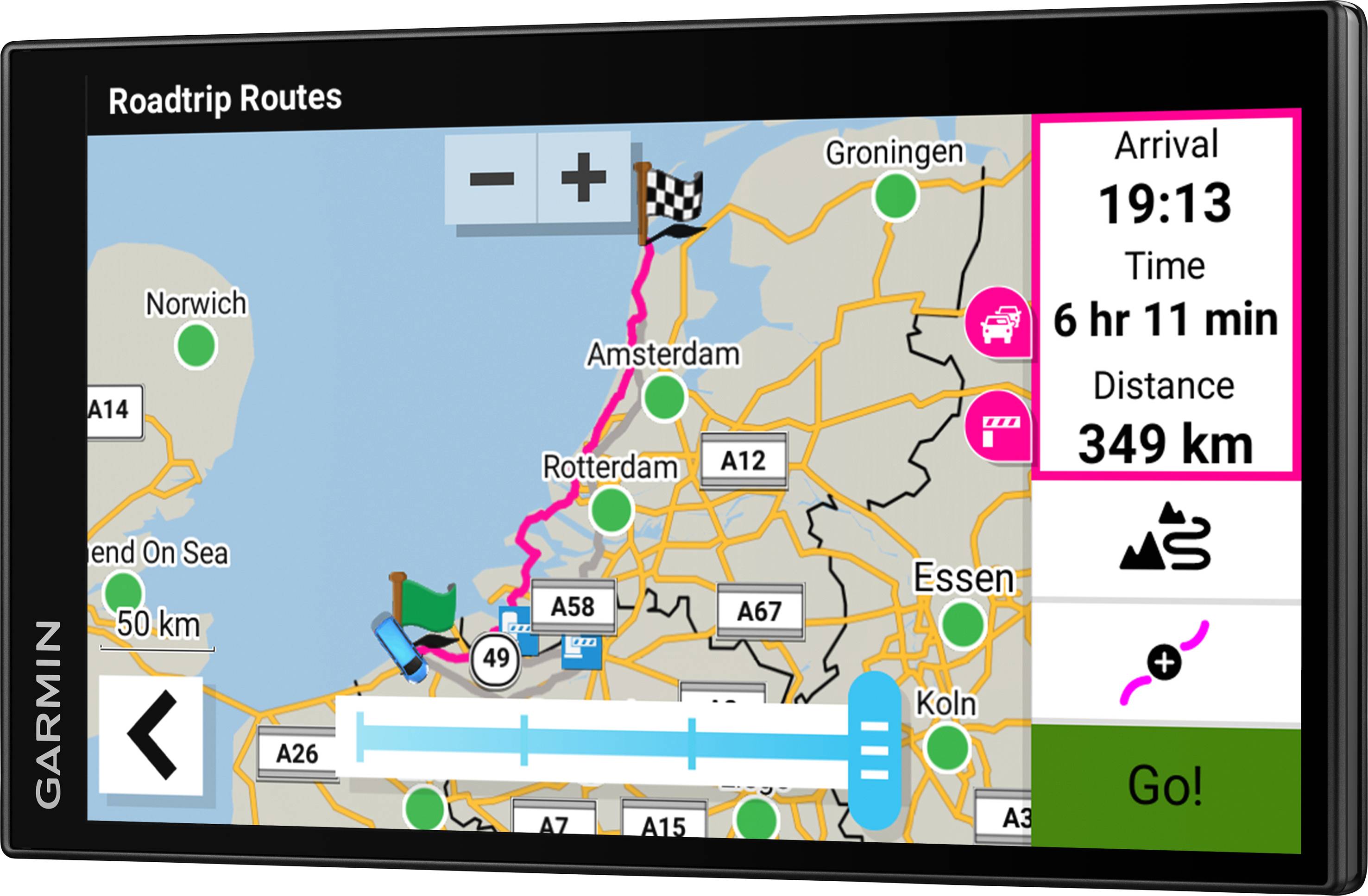 Navigation device shows route from Rotterdam to Essen: Arrival 19:13, Duration 6 hrs 11 mins, Distance 349 km. Map with intermediate stop.