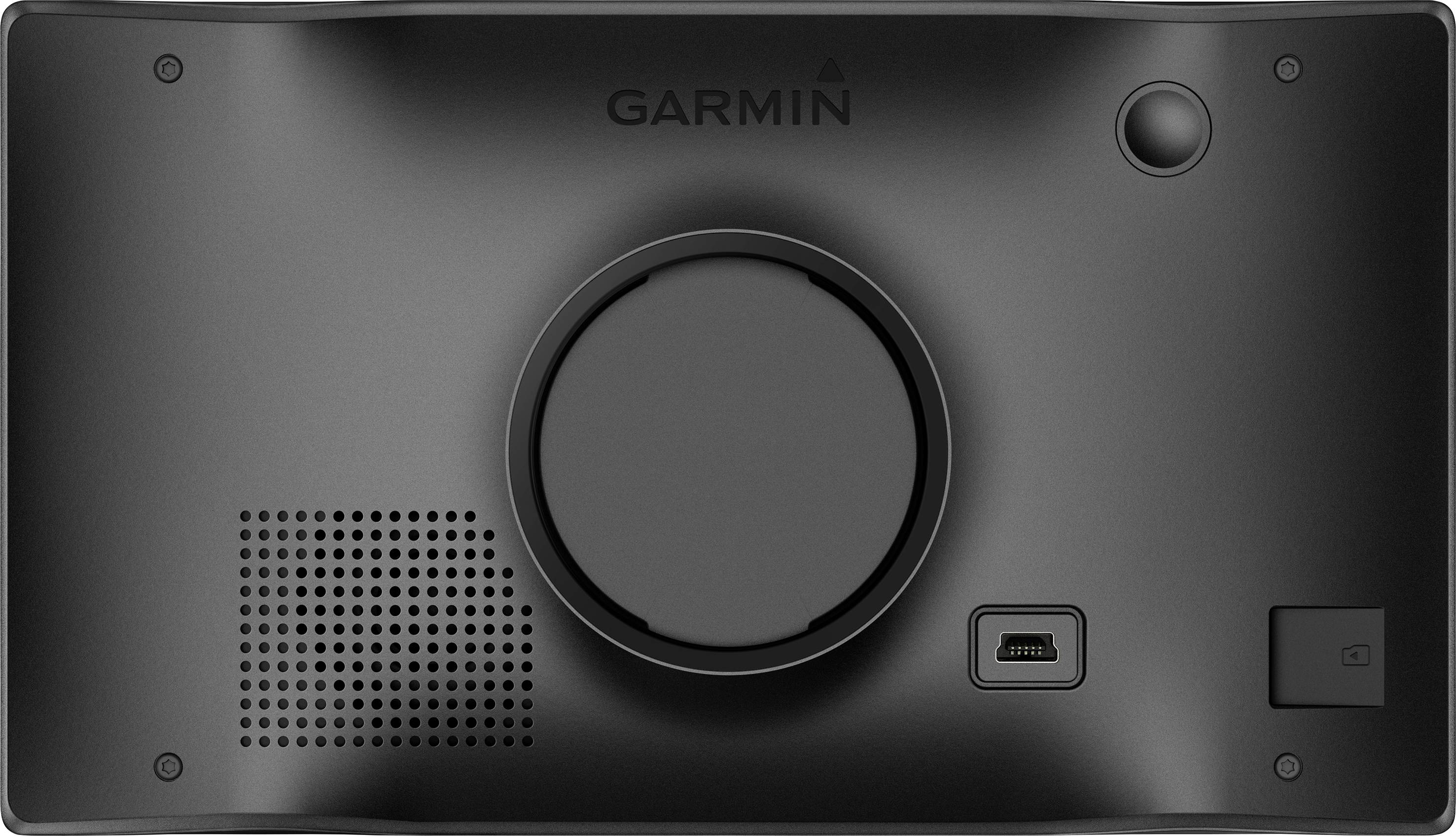 Back of a black Garmin GPS device with speaker grille, charging port, and a mounting bracket in the centre.