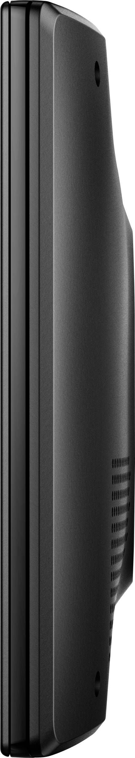 Black, slim laptop shown from the side, closed.