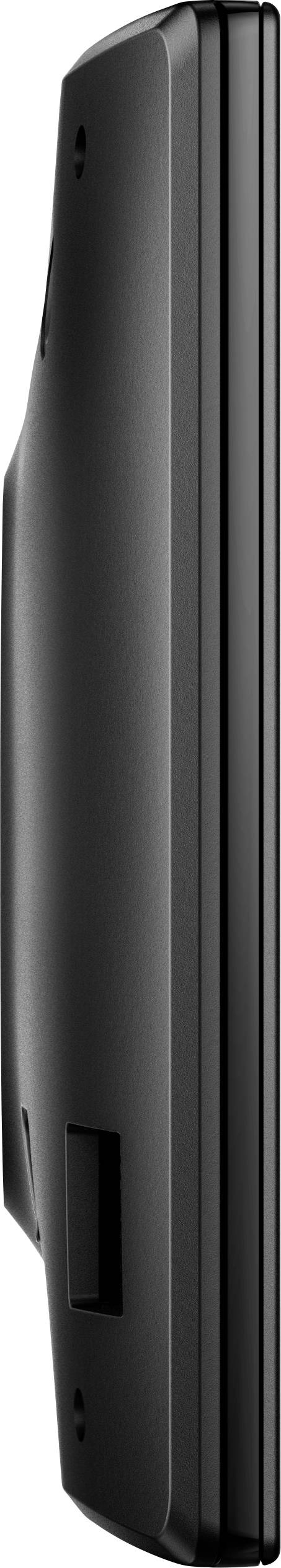 Side view of a black technical device, possibly a monitor or television, showing its slim design and housing frame.