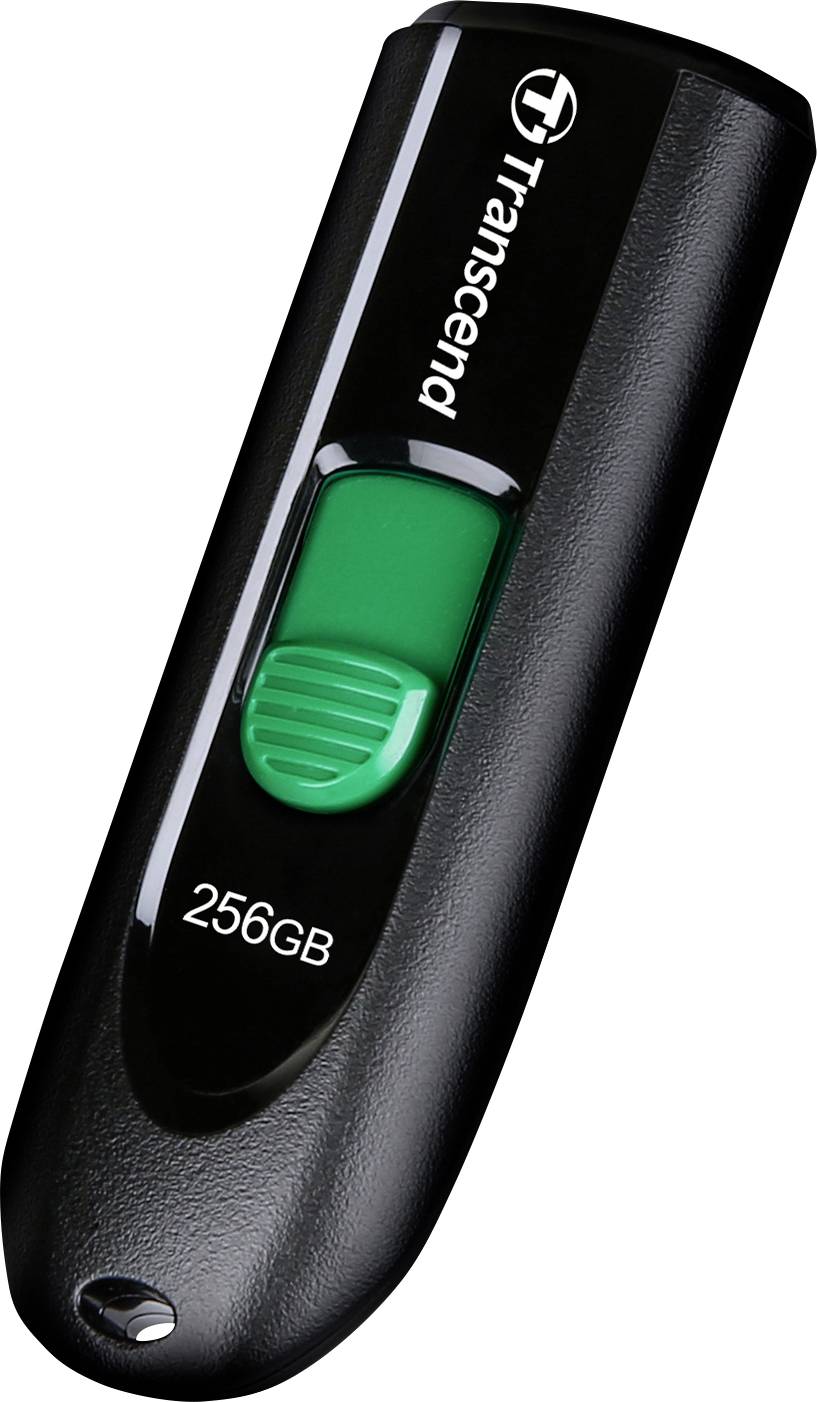 Black USB stick with green sliding switch and '256GB Transcend' label, for storing data.