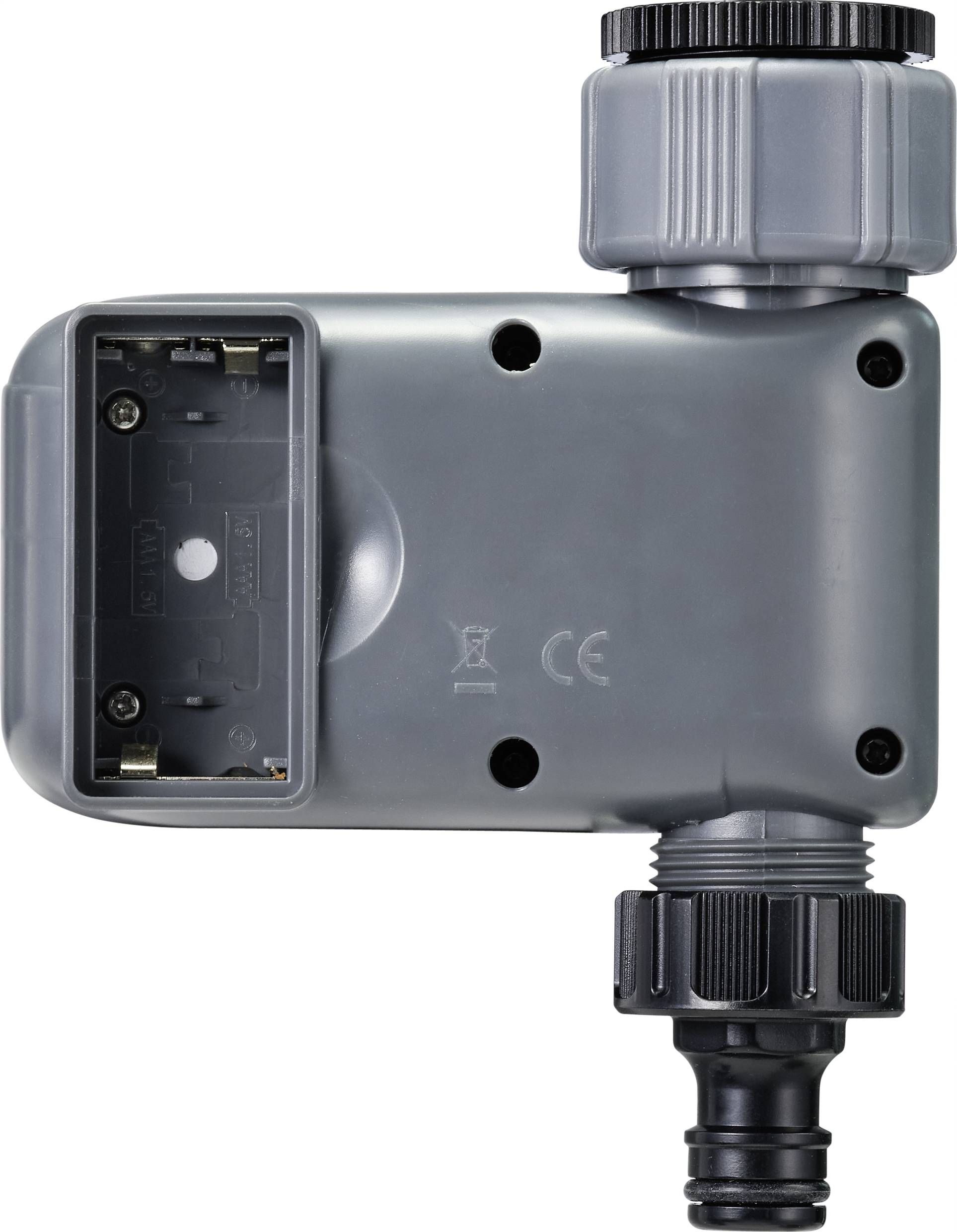 A grey, rectangular plastic irrigation valve with a black connection and black rotating knob, viewed from the side.