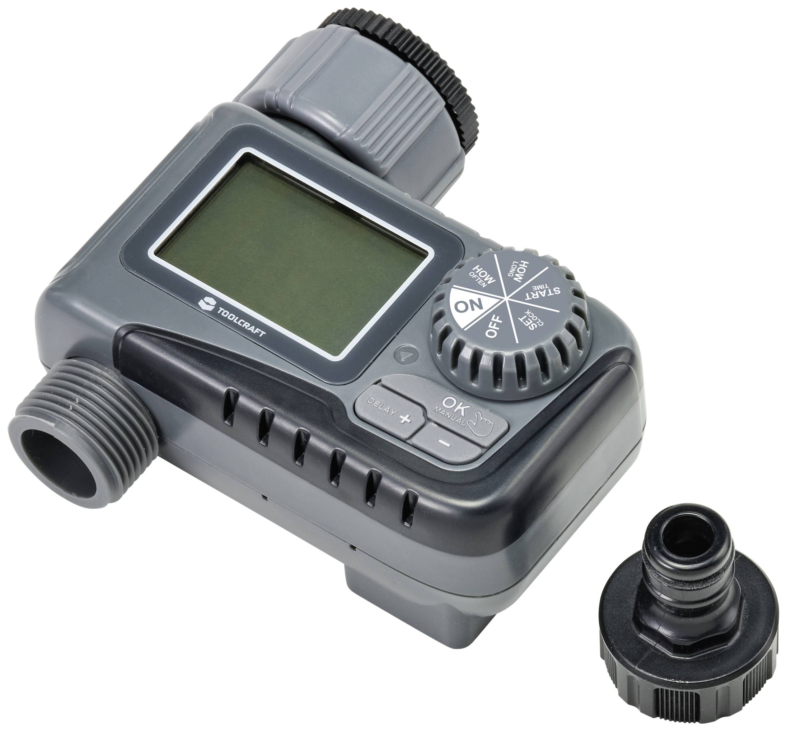 A digital irrigation timer with a display, various setting buttons, and a connection for the garden hose.